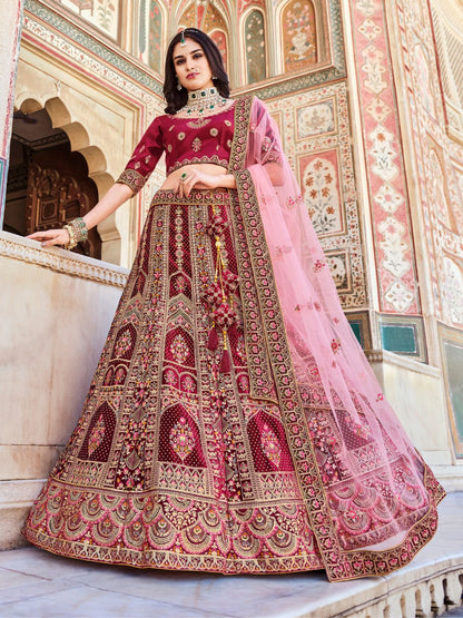 Stone Velvet Bridal Wedding Lehenga in Red and Pink