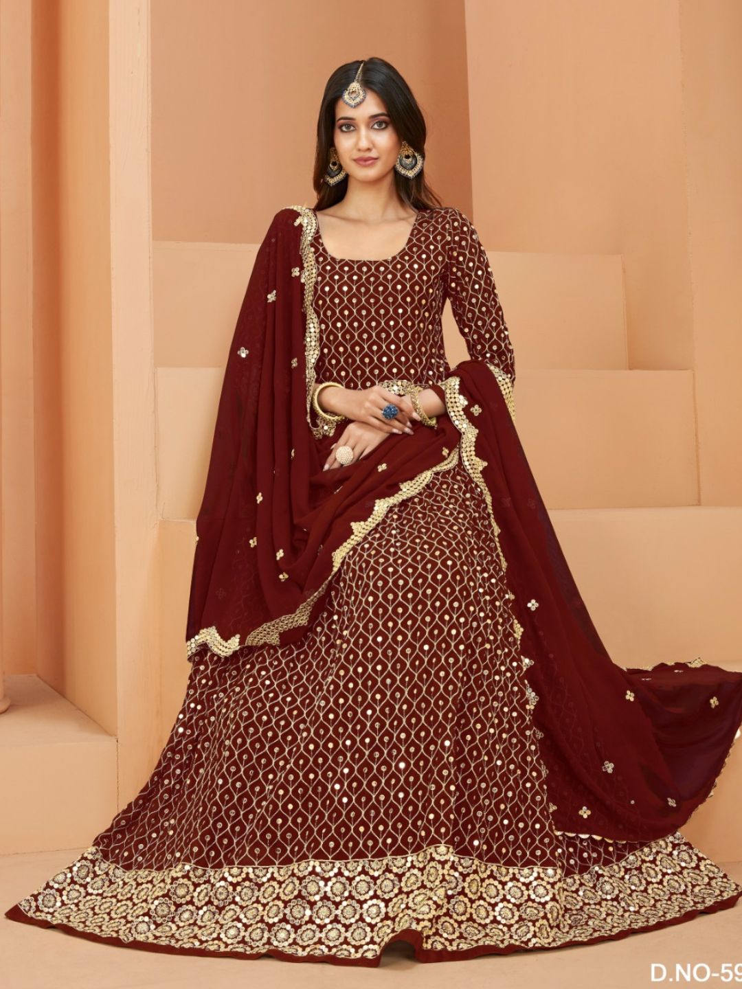 Embroidered Georgette Festive Floor Lenght Salwar Kameez in Red and Maroon