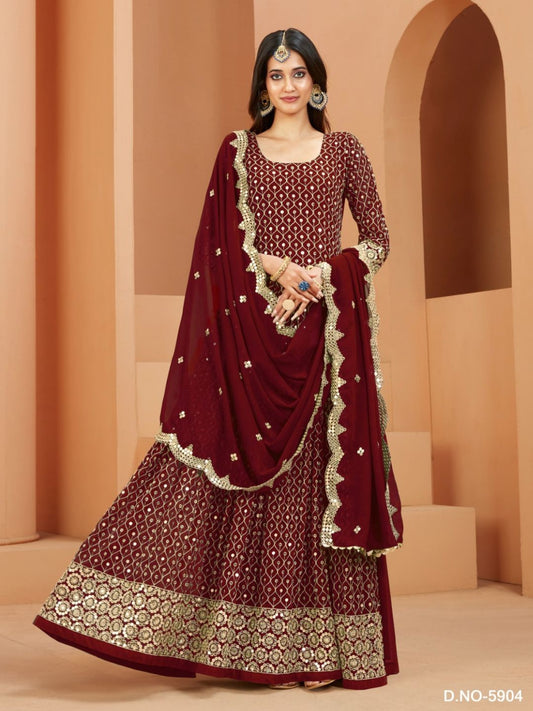 Embroidered Georgette Festive Floor Lenght Salwar Kameez in Red and Maroon