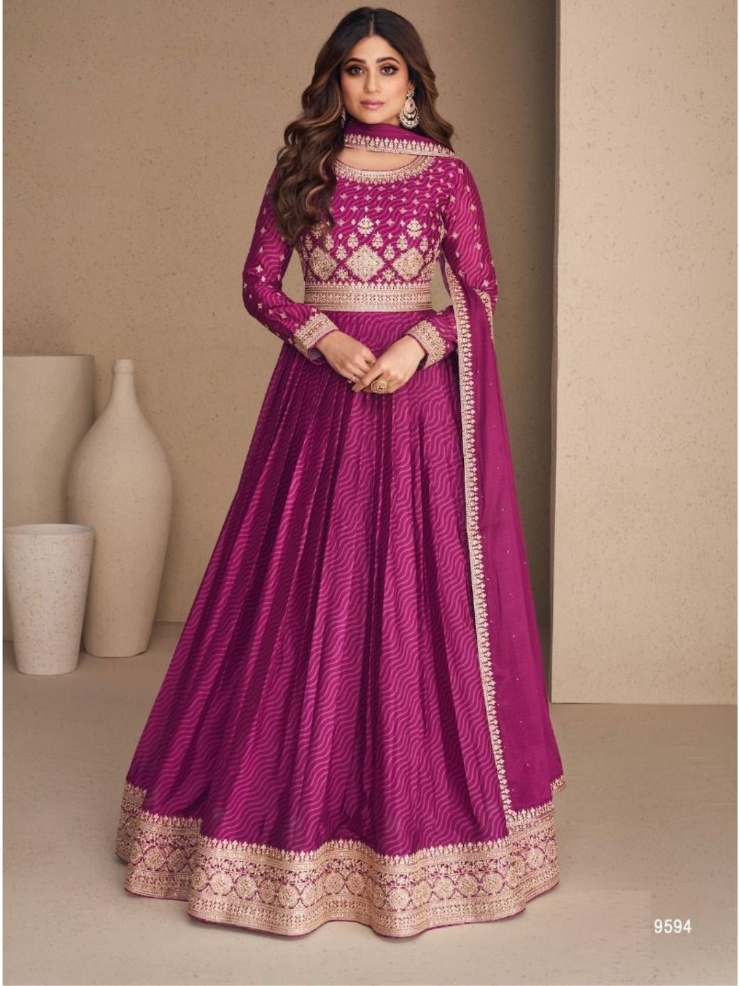 Digital Print Chinon Silk Gown Salwar Kameez in Purple Color