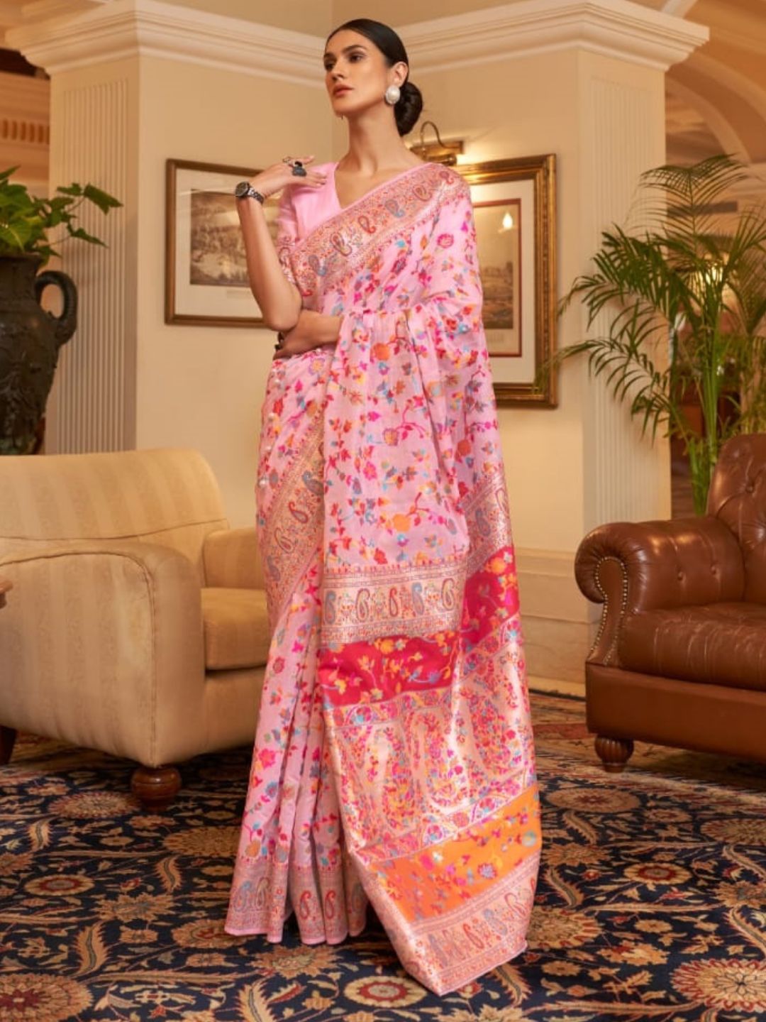 Weaving Kashmiri Bollywood Saree In Pink-81068