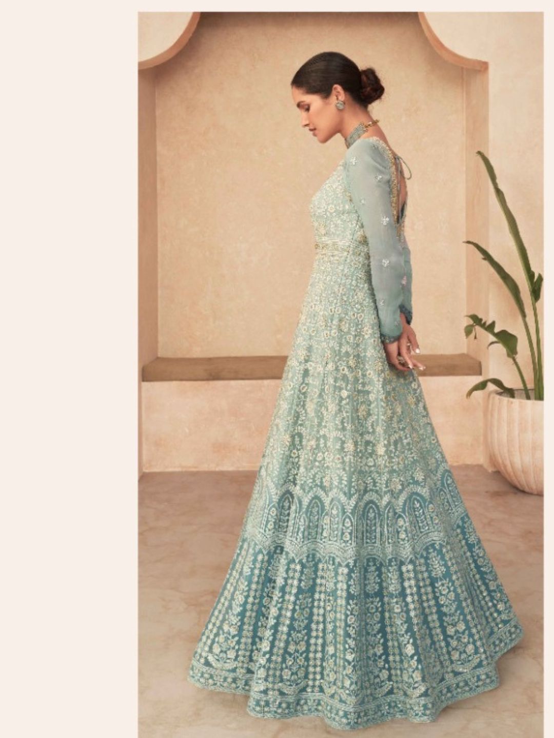 Embroidered Georgette Gown Salwar Kameez in Blue