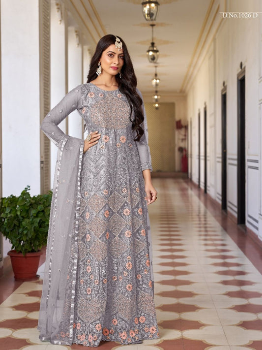Net Embroidered Bollywood Salwar Kameez in Grey with Stone work-81973
