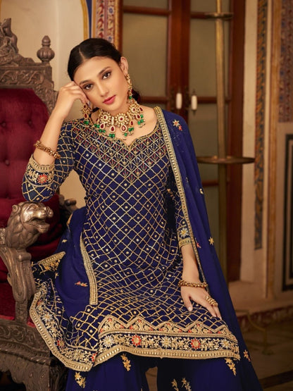 Embroidered Chinon Semi Stitched Gharara style Salwar Kameez in Blue Color-81559