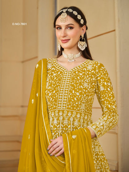 Georgette Embroidered Bollywood Salwar Kameez in Yellow with Stone work-81989