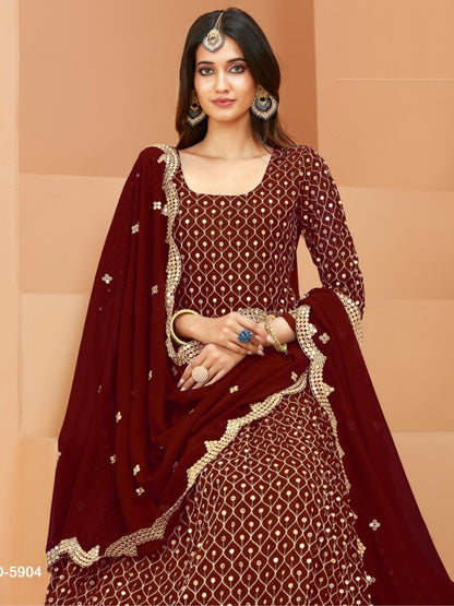 Embroidered Georgette Festive Floor Lenght Salwar Kameez in Red and Maroon