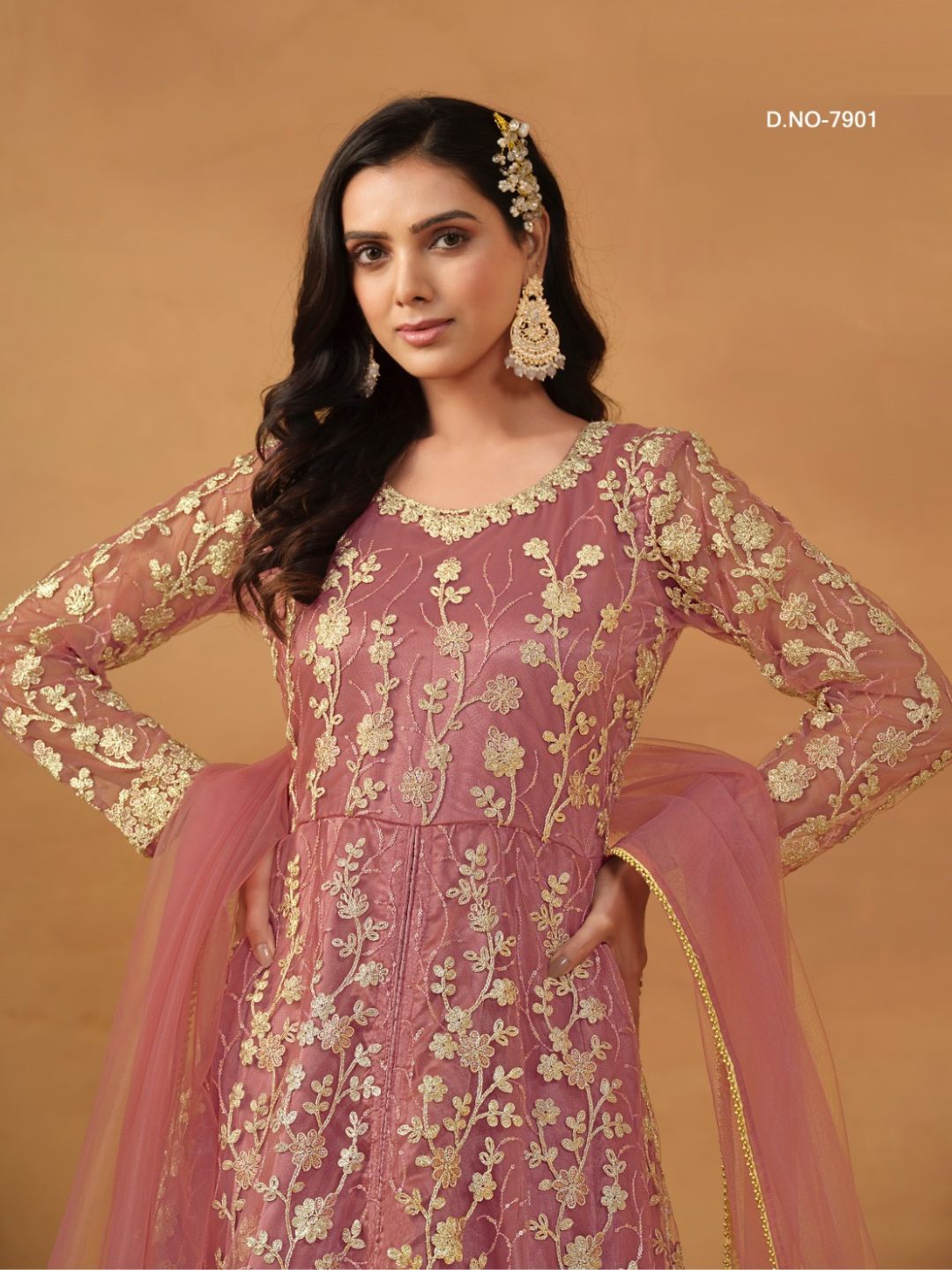 Net Embroidered Bollywood Salwar Kameez in Pink with Stone work-81993