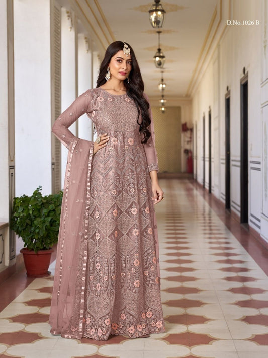 Net Embroidered Bollywood Salwar Kameez in Beige and Brown with Stone work-81972