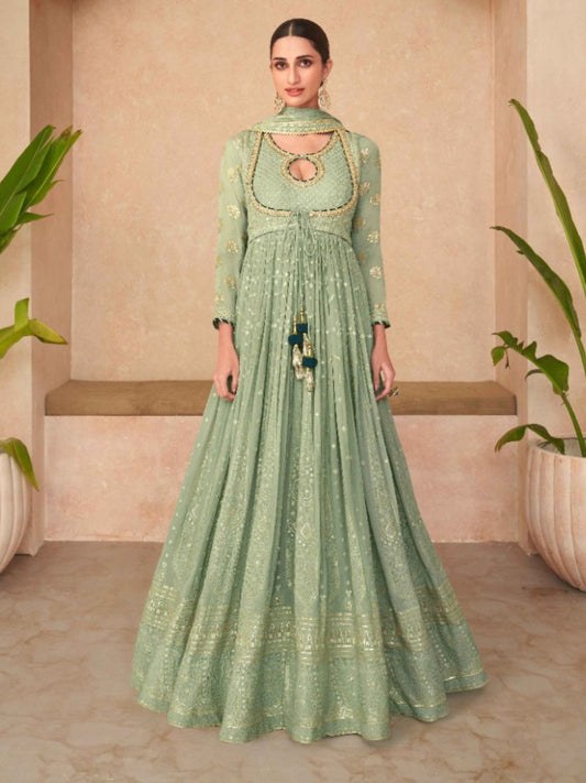 Embroidered Georgette Gown Salwar Kameez in Green