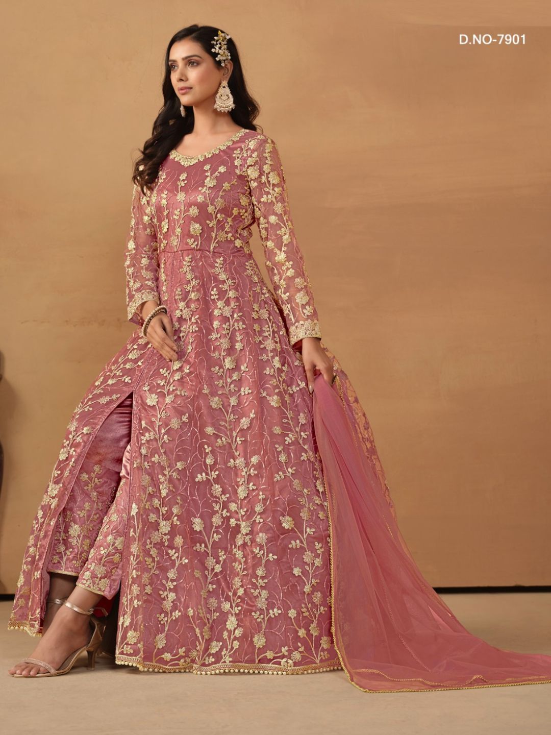 Net Embroidered Bollywood Salwar Kameez in Pink with Stone work-81993