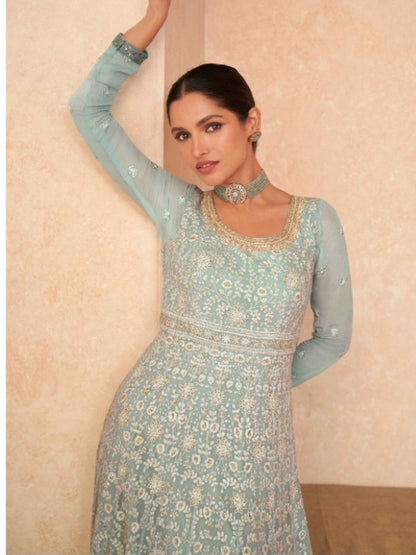 Embroidered Georgette Gown Salwar Kameez in Blue