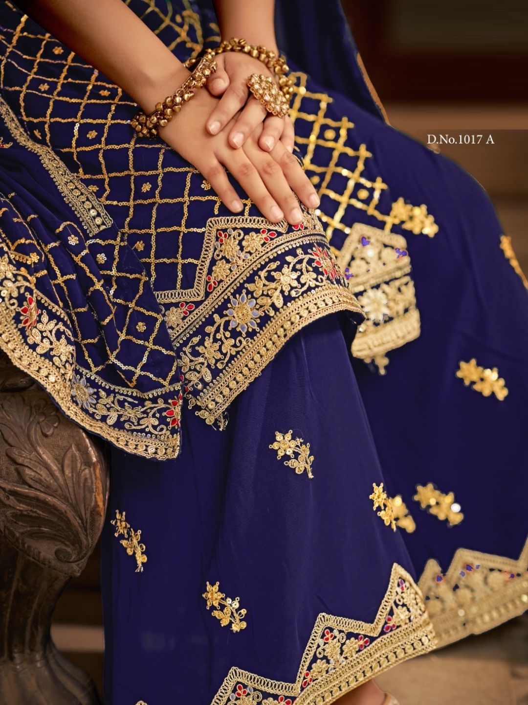 Embroidered Chinon Semi Stitched Gharara style Salwar Kameez in Blue Color-81559