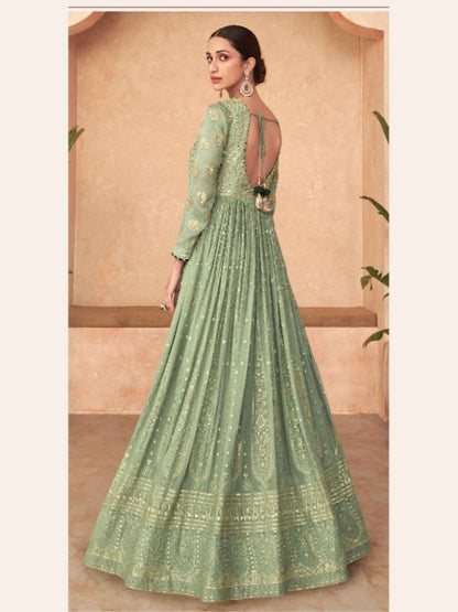 Embroidered Georgette Gown Salwar Kameez in Green