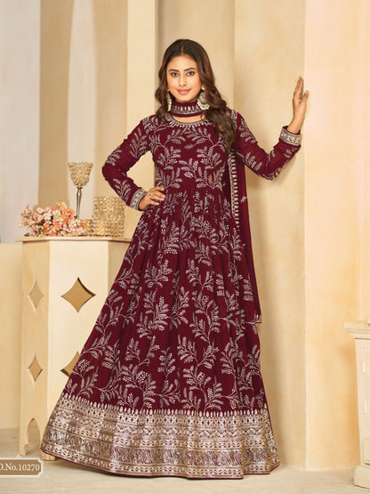 Georgette Embroidered Bollywood Salwar Kameez in Maroon with Stone work-81980