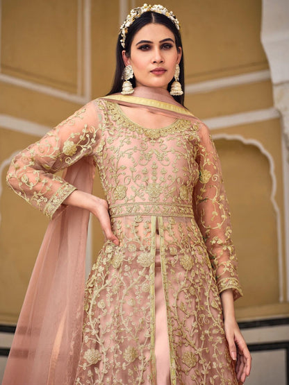 Net Embroidered Bollywood Salwar Kameez in Beige and Brown with Coding & Stone work-81969