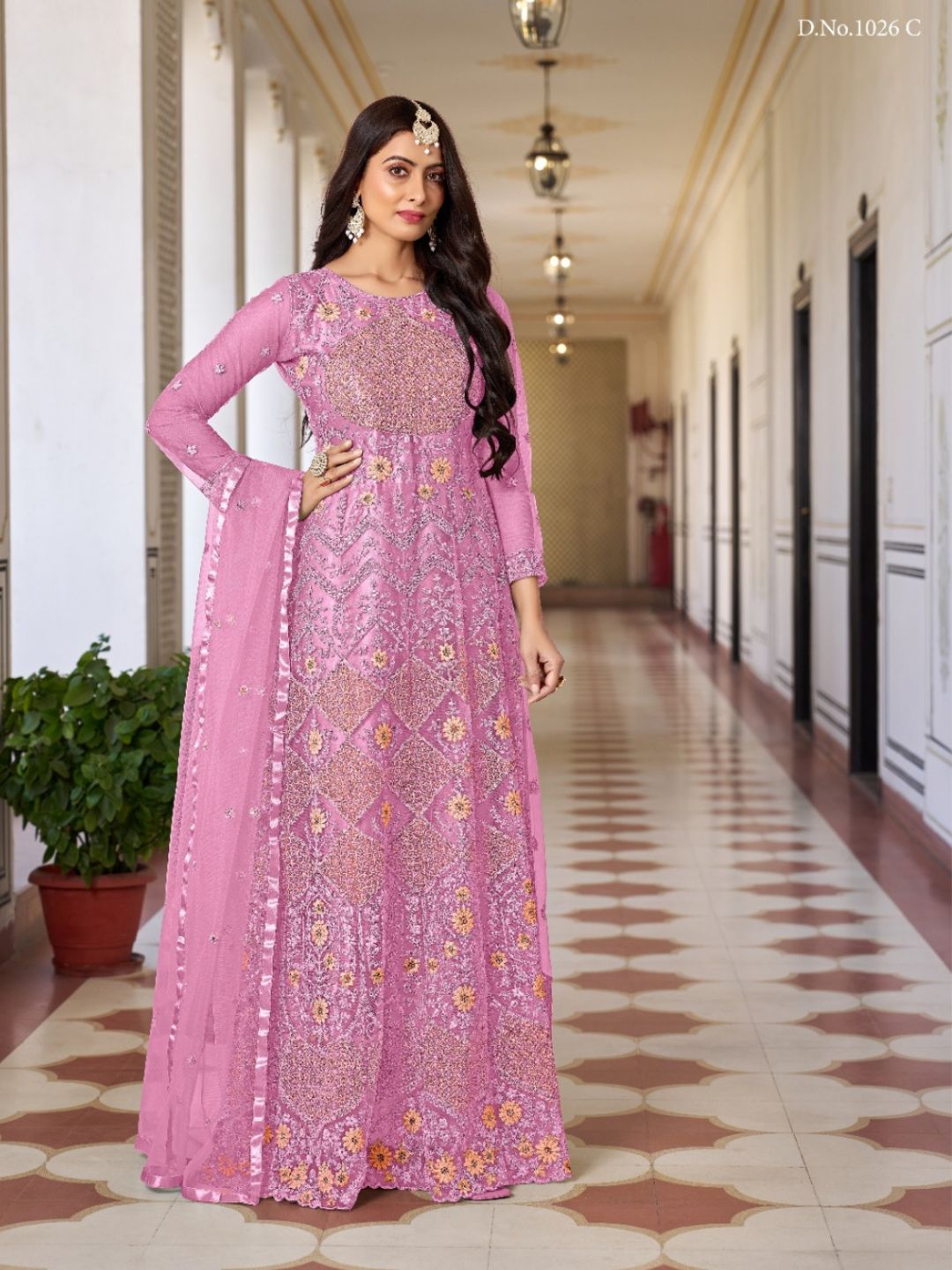 Net Embroidered Bollywood Salwar Kameez in Pink with Stone work-81975