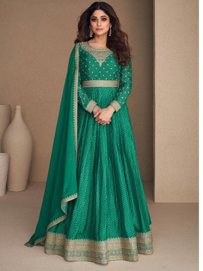 Digital Print Chinon Silk Gown Salwar Kameez in Turquoise Color