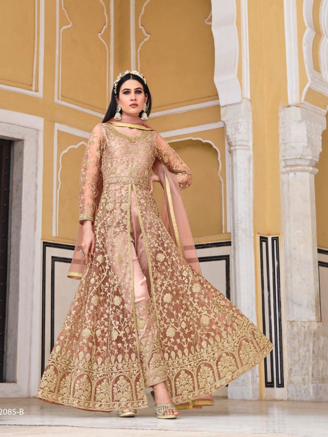 Net Embroidered Bollywood Salwar Kameez in Beige and Brown with Coding & Stone work-81969