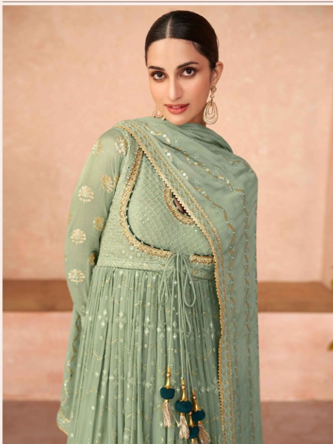 Embroidered Georgette Gown Salwar Kameez in Green