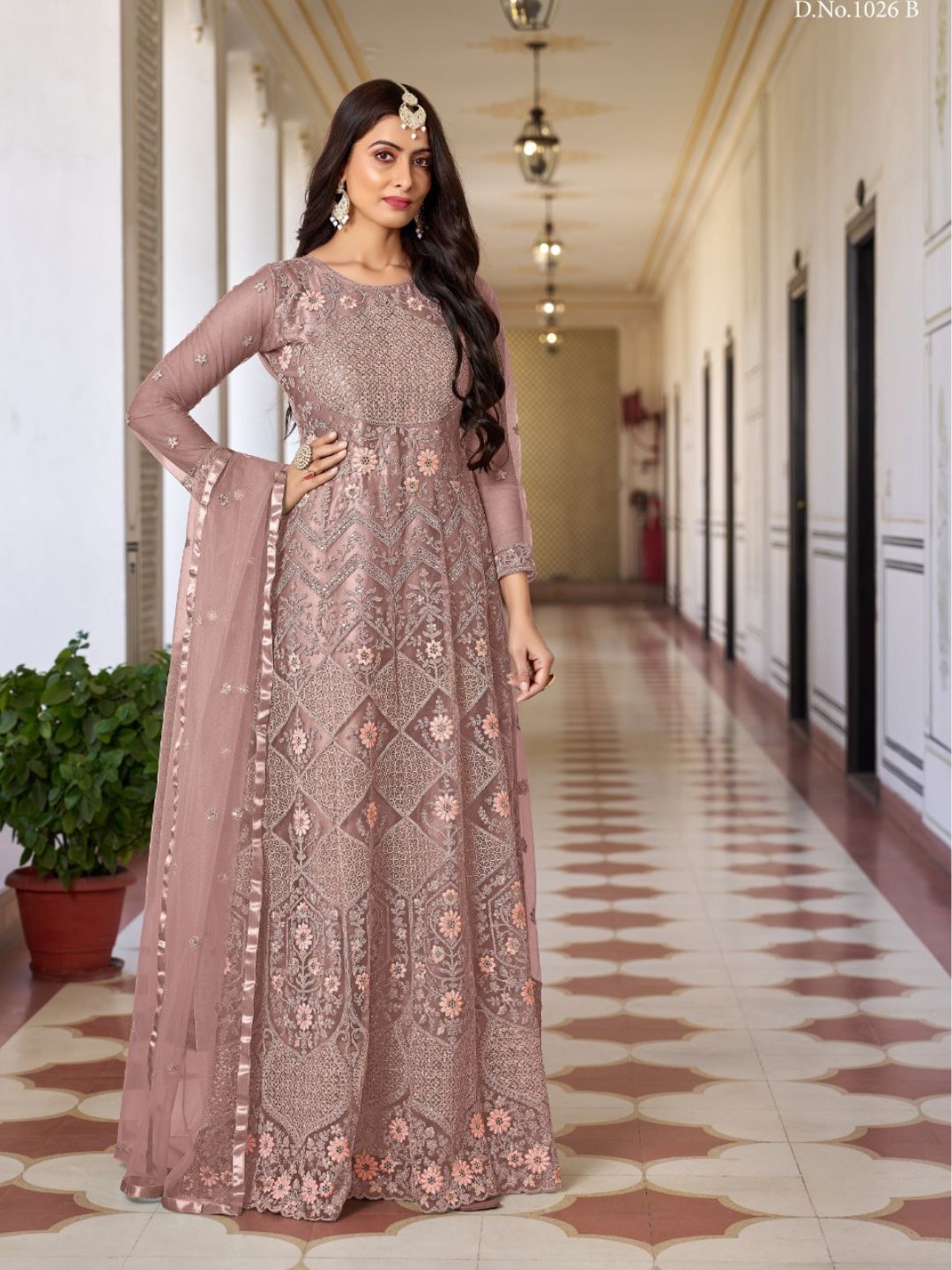 Net Embroidered Bollywood Salwar Kameez in Beige and Brown with Stone work-81972