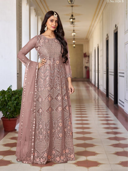 Net Embroidered Bollywood Salwar Kameez in Beige and Brown with Stone work-81972