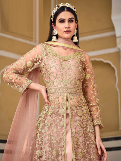 Net Embroidered Bollywood Salwar Kameez in Beige and Brown with Coding & Stone work-81969