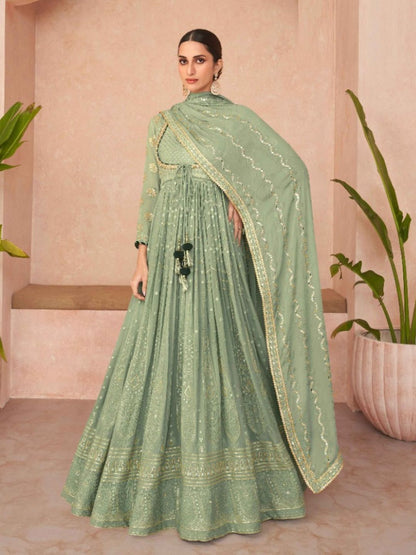 Embroidered Georgette Gown Salwar Kameez in Green