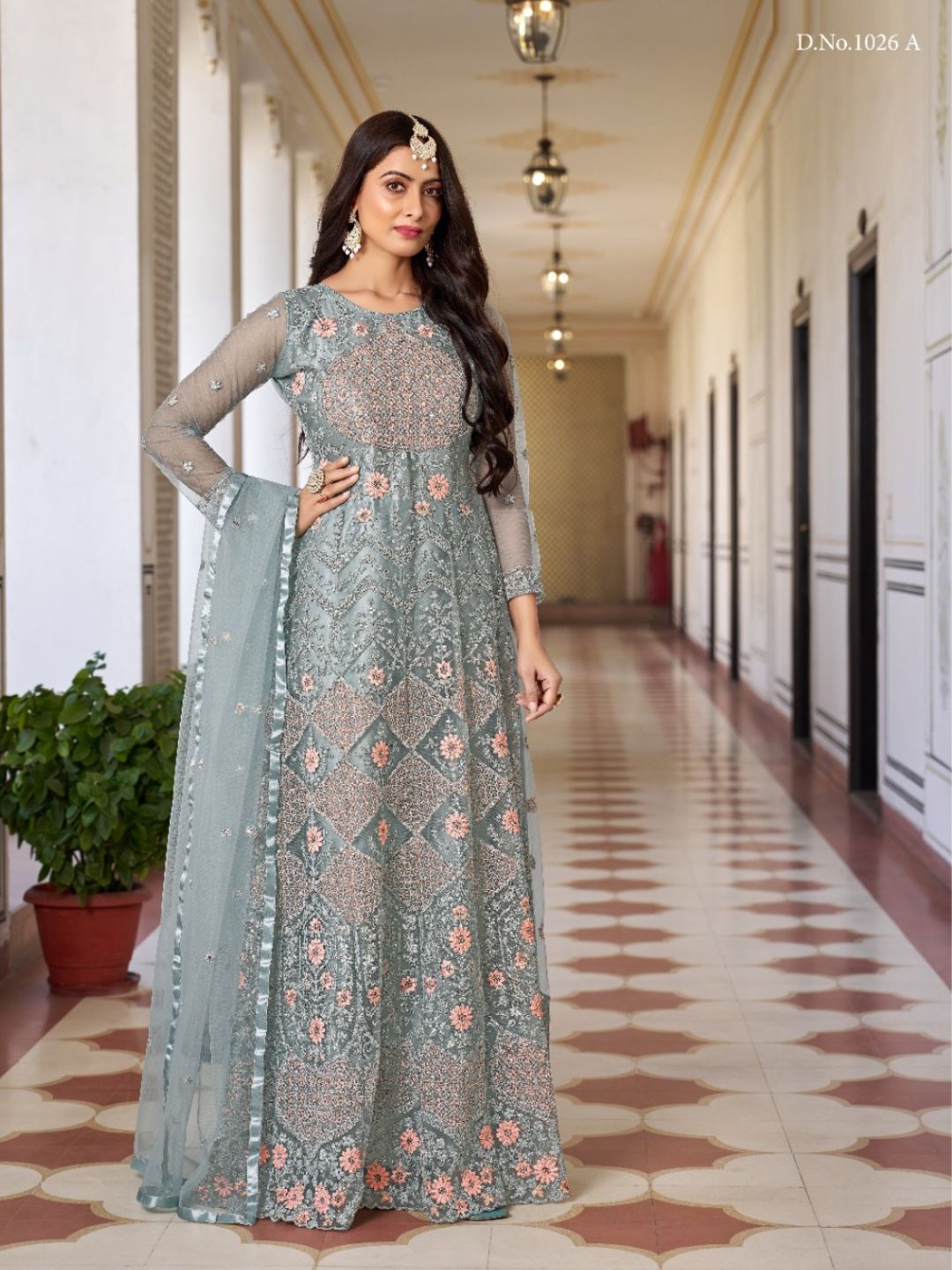 Net Embroidered Bollywood Salwar Kameez in Grey with Stone work-81974