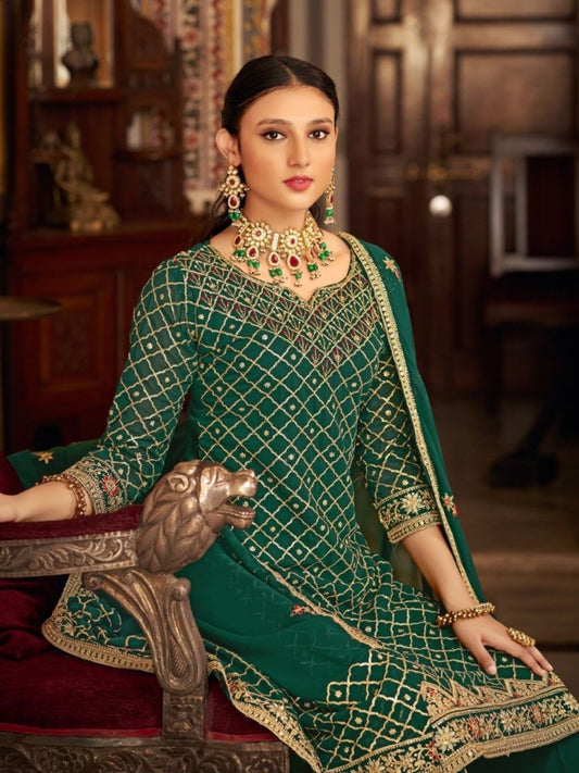 Embroidered Chinon Semi Stitched Gharara style Salwar Kameez in Green Color-81560