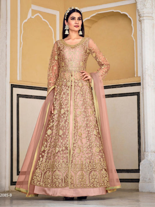 Net Embroidered Bollywood Salwar Kameez in Beige and Brown with Coding & Stone work-81969