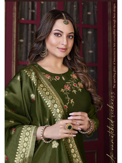 Sonakshi Sinha Bollywood Embroidered Silk Pakistani Style Salwar Kameez in Mehndi Color-71035