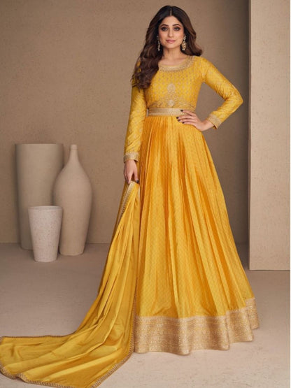 Digital Print Chinon Silk Gown Salwar Kameez in Yellow Color