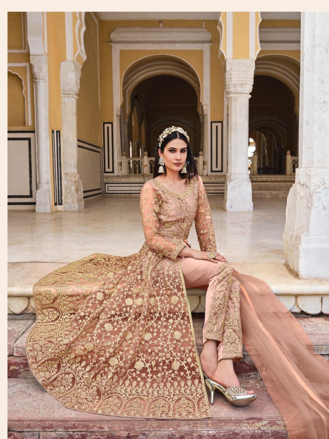 Net Embroidered Bollywood Salwar Kameez in Beige and Brown with Coding & Stone work-81969