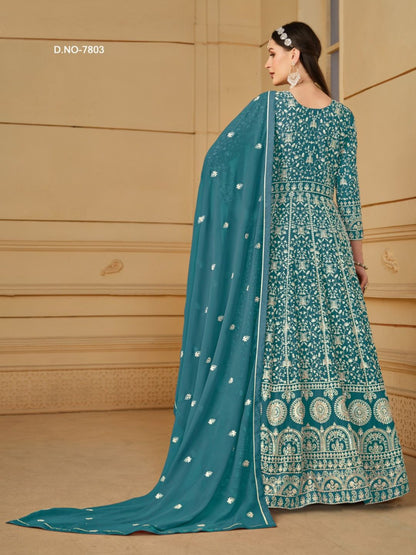 Georgette Embroidered Bollywood Salwar Kameez in Blue with Stone work-81991