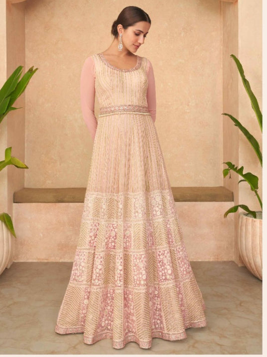 Embroidered Georgette Gown Salwar Kameez in Beige and Brown Color