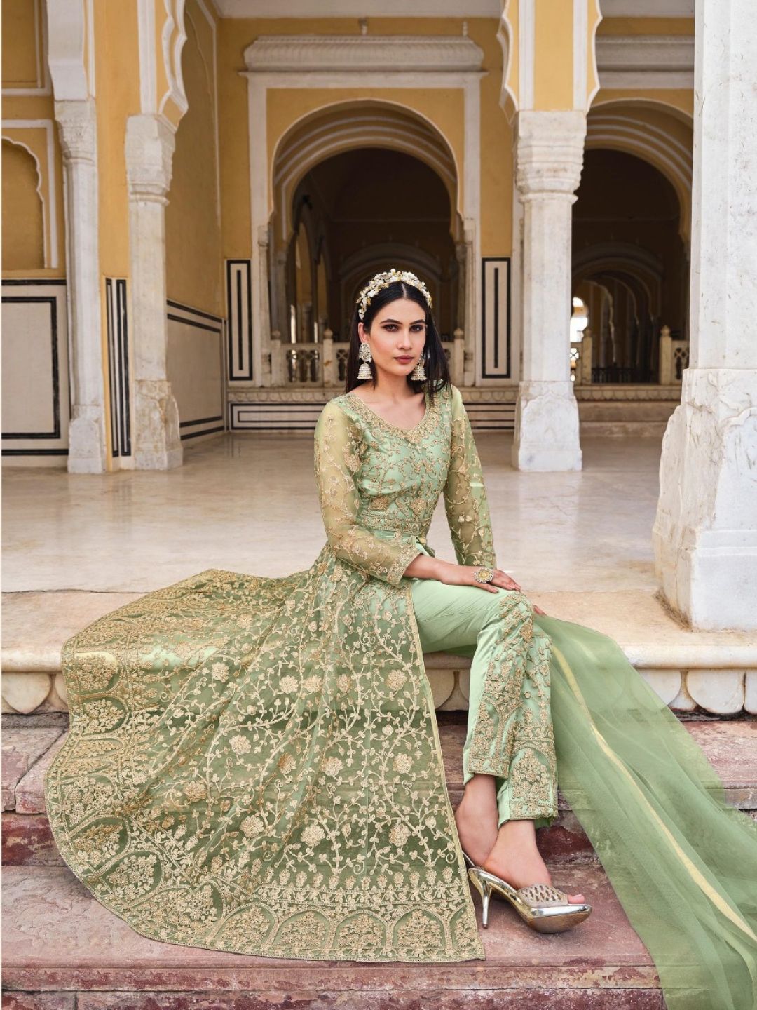 Net Embroidered Bollywood Salwar Kameez in Green with Coding & Stone work-81971