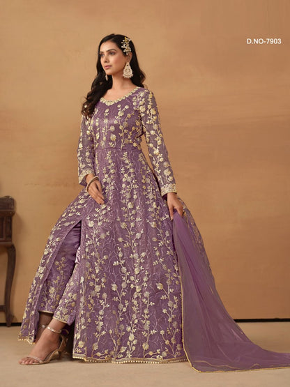 Net Embroidered Bollywood Salwar Kameez in Purple with Stone work-81995
