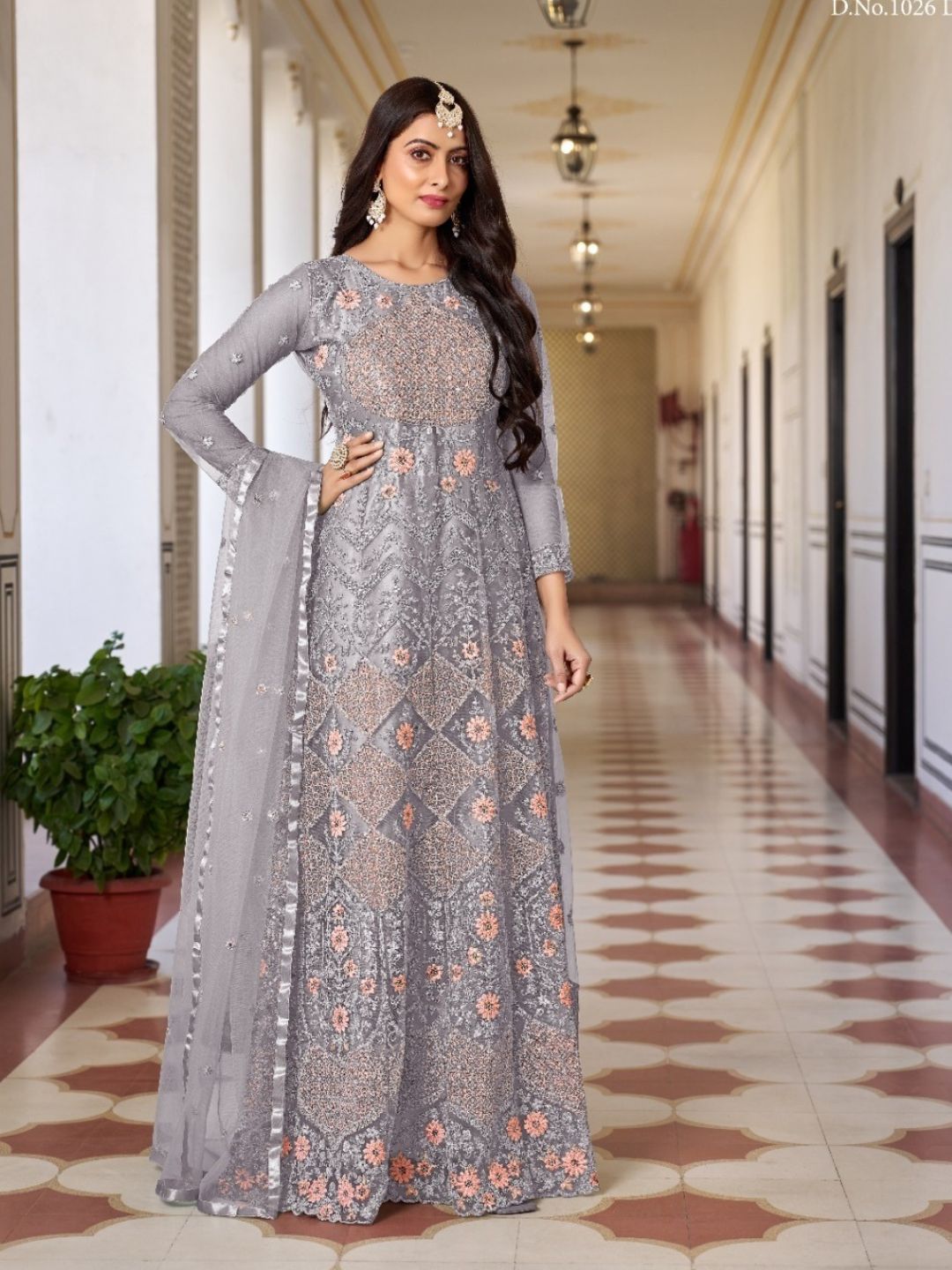 Net Embroidered Bollywood Salwar Kameez in Grey with Stone work-81973