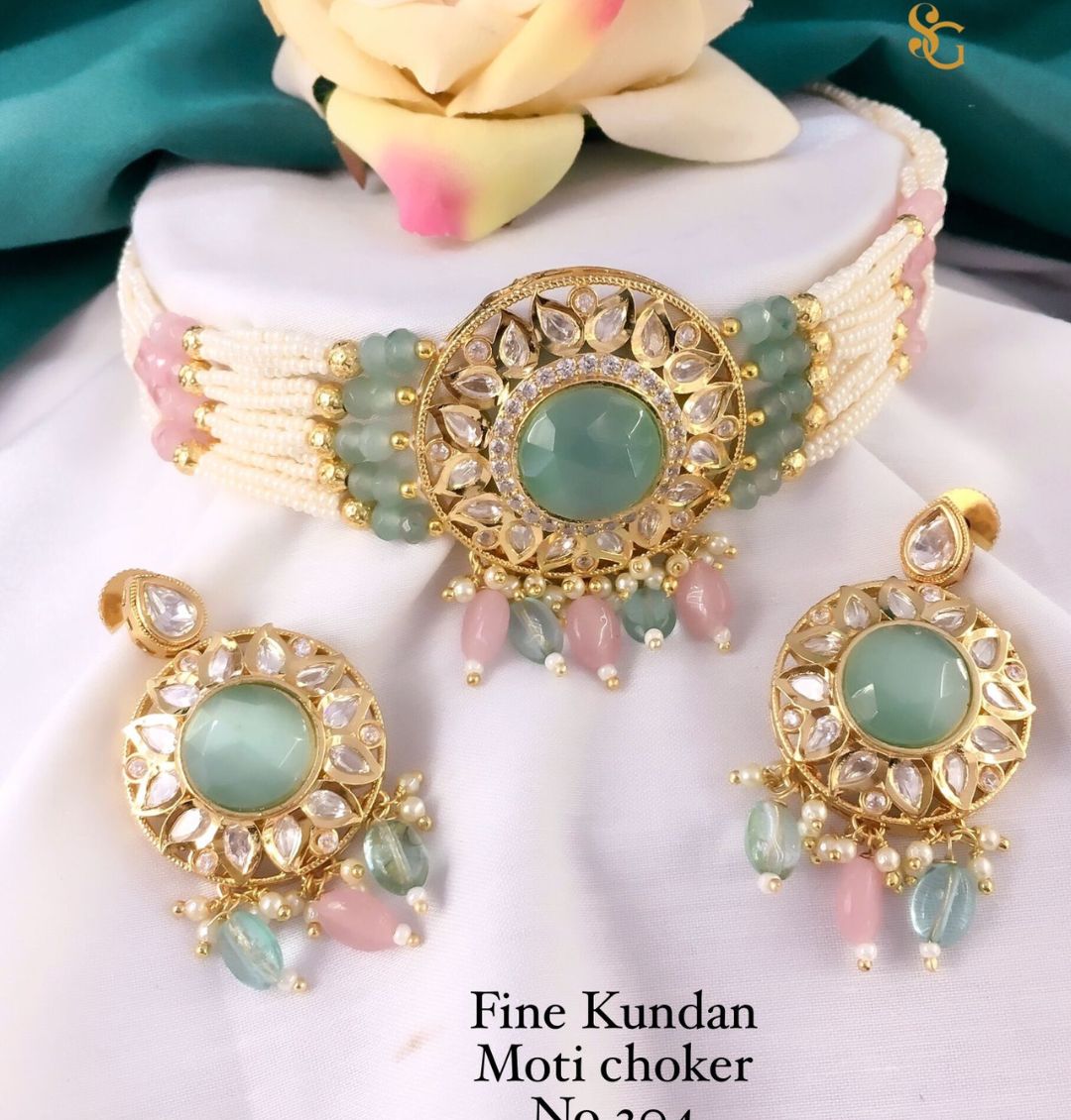 Women High Quality Moti Kundan Choker Jewellery Set-81433