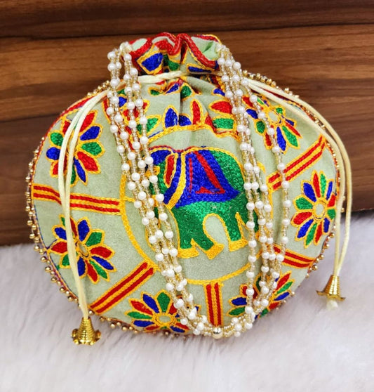 Designer Mulitcolor Embroidery Silk Elephant Handcrafted Potli-81399