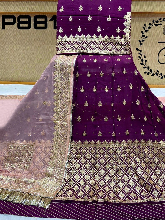 Zari Stone Touch Humrahi Pure Wedding Sangeet Rajputi Poshak In Purple Color-61153