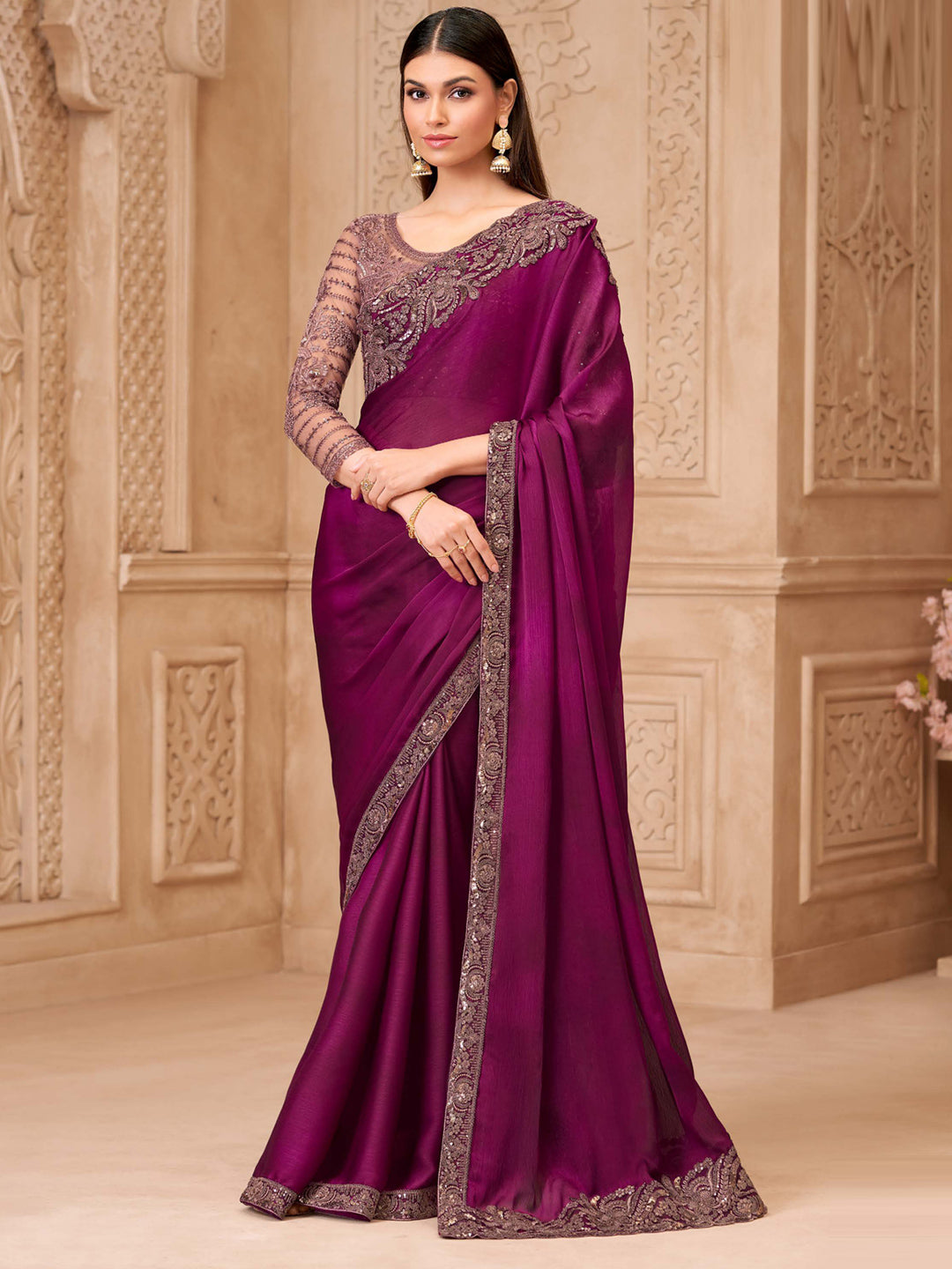 Rich Wine Sartin Georgette with Embroidered Saree-32010