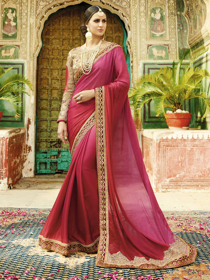 Embroidered Border Satin Georgette Silk Saree in Maroon color-82069