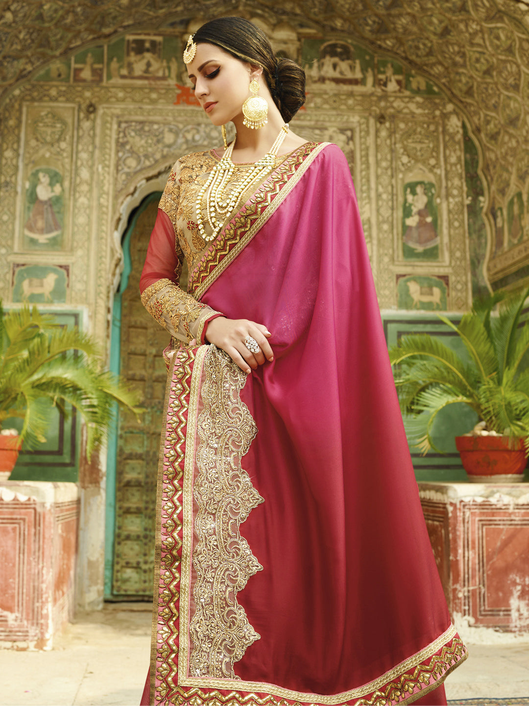 Embroidered Border Satin Georgette Silk Saree in Maroon color-82069