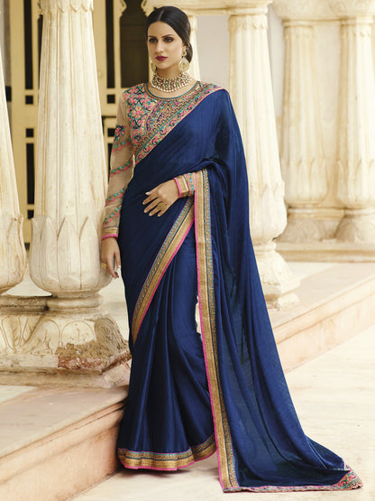 Embroidered Border Chiffon Saree in Navy Blue color-82070