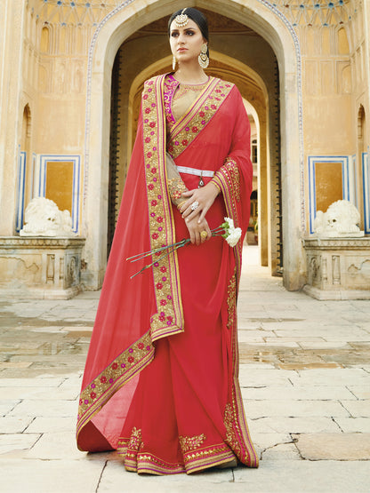 Embroidered Border soft Silk Saree in Red color-82071