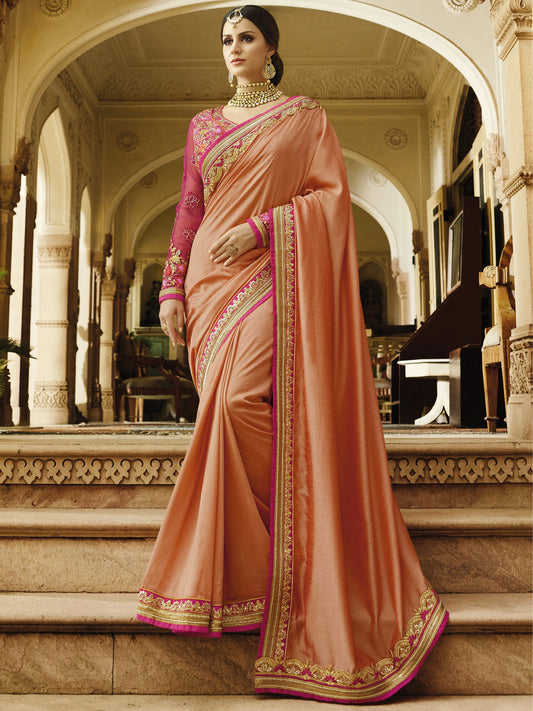 Embroidered Border Silk Saree in Orange color-82072