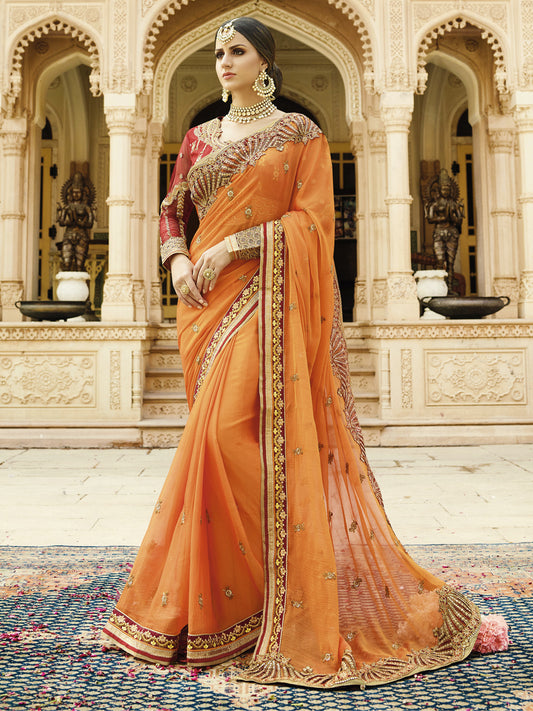 Embroidered Border Silk Saree in Orange color-82073