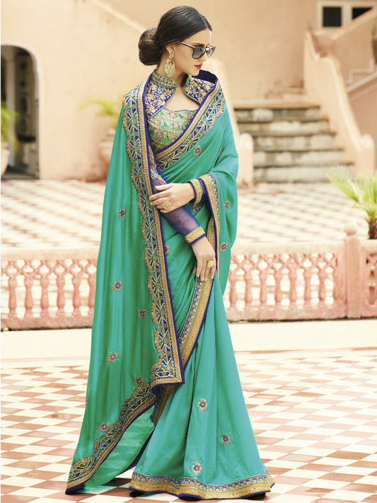 Embroidered Border Silk Saree in Green color-82074