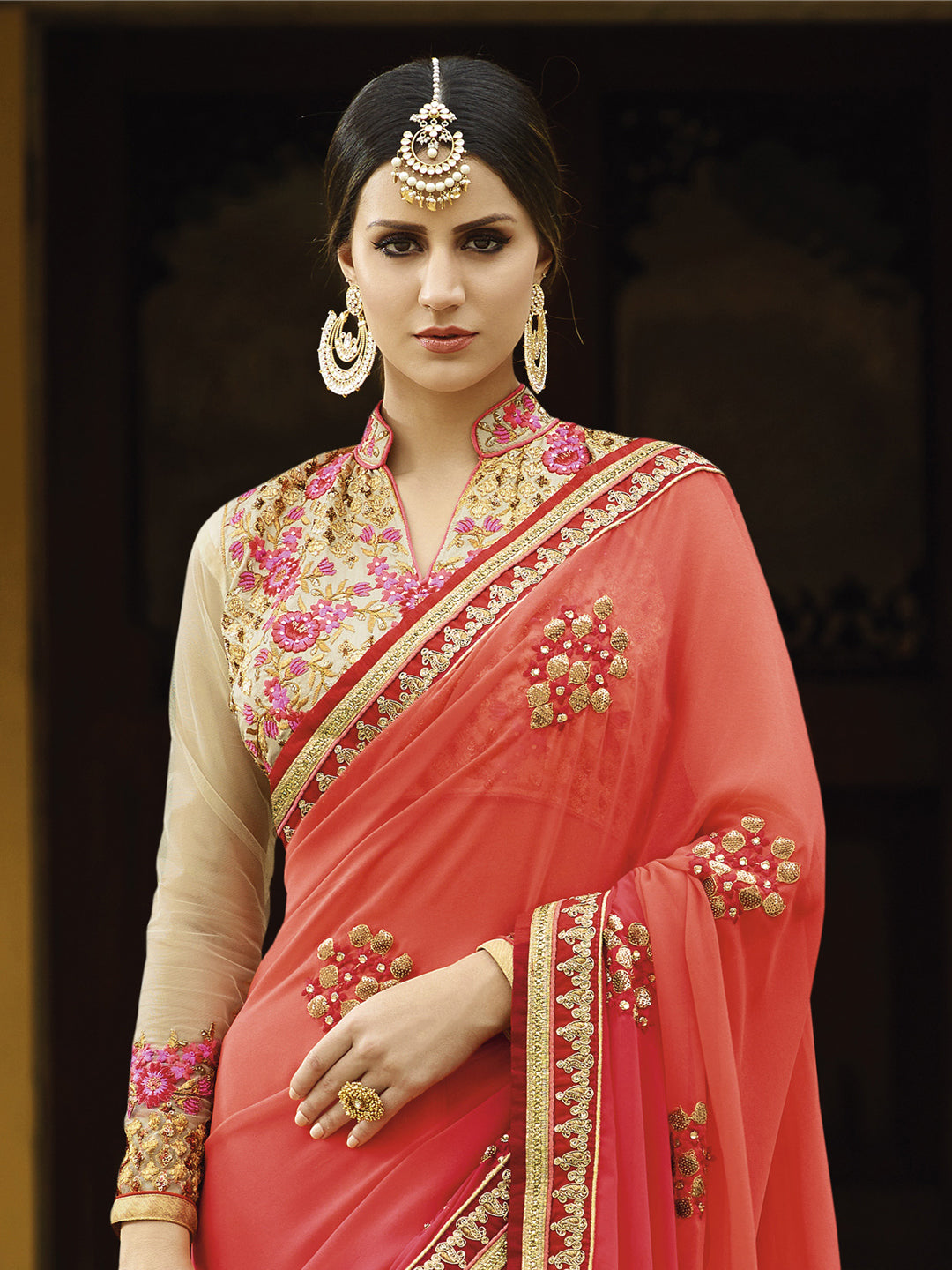 Embroidered Border Georgette Saree in Red color-82075